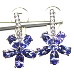 925 Plata Ley Azul Tanzanita & Blanco Circonita Pendientes Bañado en Oro Blanco - Imagen 1 de 4