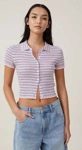 Cotton:On Women's Short Sleeve Rib Button Polo Crop Top Blue Stripe Size M NEW - Picture 1 of 4