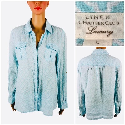 Blusa Camisa Charter Club Mujer Grande Top Azul Blanco 100% Lino Lujo Usada en Excelente Condición Foto 1 de 4