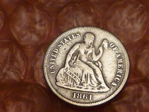 1861 S seduto Liberty Silver Dime - San Francisco DATA CHIAVE VF #1 - Foto 1 di 2