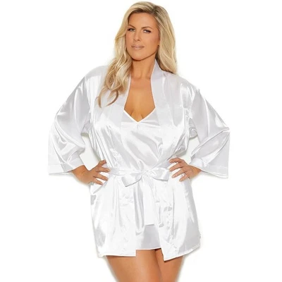 Белый атласный халат галстук застежки пояс 3/4 рукава кимоно стиль 11022 Plus 4 X - Изображение 1 из 4