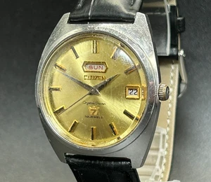 Rare Vintage CITIZEN Crystal 7 3013TA Gold 33J Day-Date 37mm AT Watch From JAPAN - Picture 1 of 12