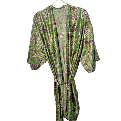 Vintage Folha Paisley Robe de Seda Kimono Verde Limão Cinto Boho Leve - Imagem 1 de 4