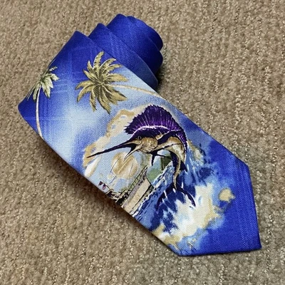Corbata de seda Tommy Bahama para hombre azul marlín escena marina náutica costera 3x56 Foto 1 de 4