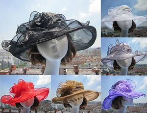 Womens Vintage Kentucky Derby Sun Hat Wide Brim Wedding Church Racing A002 - Picture 1 of 68