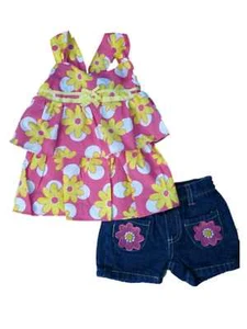 Young Hearts Infant Girls Daisy Print Top & Denim Shorts 2 PC Outfit 12 Months - Picture 1 of 1