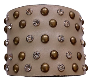 Cuff Bracelet, Tan Leather, Brass Studs and Rhinestones, Flexing 6 to 8 Inches - Picture 1 of 2
