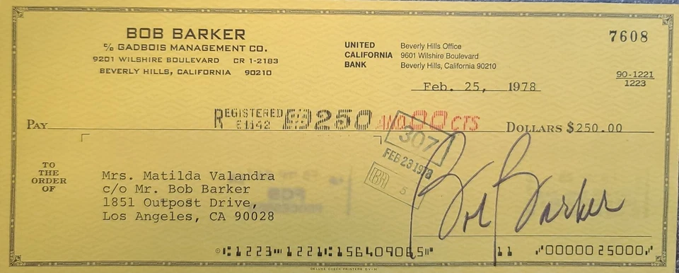 Signed Check/Document: BOB BARKER star of-The Price is Right & "Happy Gilmore" - Image 1 of 1