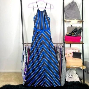Guess Los Angeles Navy Blue Chevron Stripe Criss Cross Nautical Satin Maxi Dress - Picture 1 of 9