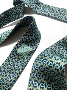 HERMES VINTAGE CHAINED HORSESHOES TIE CROSSED FORTUNE LUCK HIGH END FRANCE GREEN - Picture 1 of 15