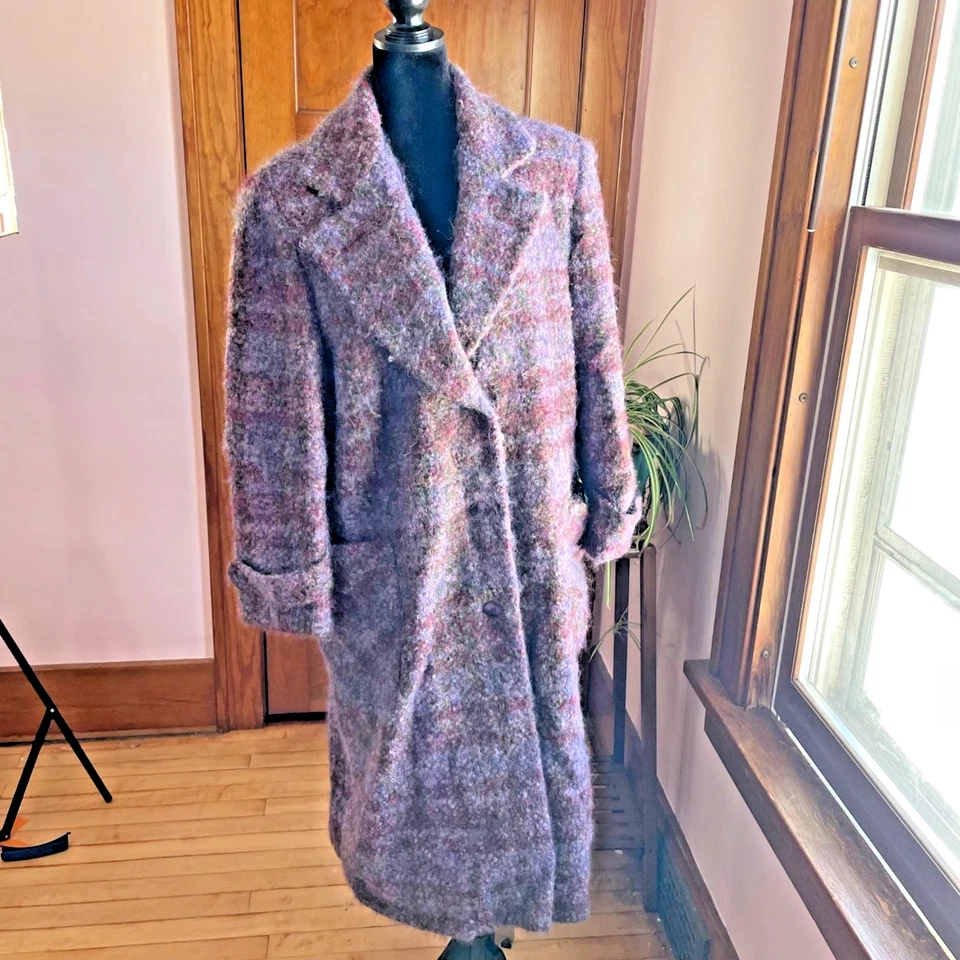 Abrigo llamativo vintage años 70 Boucle a cuadros púrpura largo Bromley pequeño artista mediano Foto 1 de 4