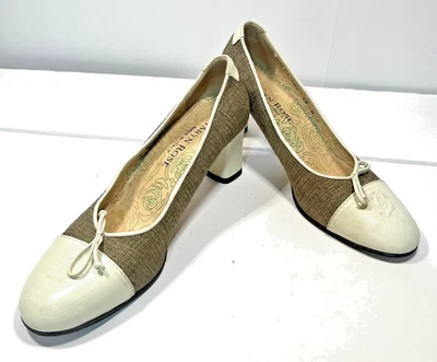 TARYN ROSE Tacón Medio Bloque Sin Cordones Dos Tonos Cuero y Lino Euro 38 EE. UU. 7,5 Foto 1 de 4