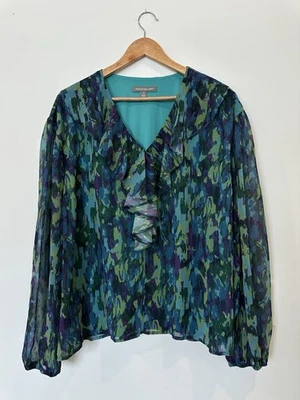 Blusa Top Kate & Mallory Para Mujer 1X Verde Teal Púrpura Volantes Mangas Largas Cuello en V Foto 1 de 4