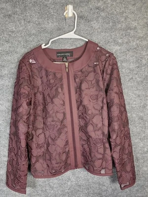 Colleen Lopez Jacket Womens Medium Purple Sheer Embroidered Mesh Floral Zip Up - Image 1 of 4