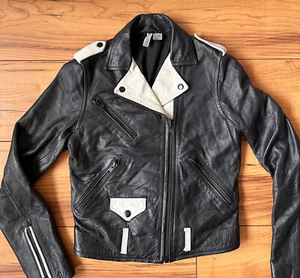 100%ORIG H&M ECHTLEDER BIKER KLASSIKER LEDER JACKE GR.34 SCHWARZ WEISS - Bild 1 von 16