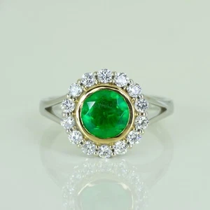 1.50 Carat Colombian Emerald and Diamond Halo Ring - Picture 1 of 7