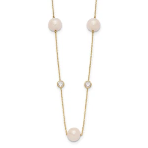 10K Solid Yellow Gold CZ 7mm Freshwater Cultured Pearl 7 Station Necklace - Picture 1 of 10