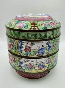 Antique Chinese Canton Enamel Jubako Stacking Bento Box Copper Flowers Children - Picture 1 of 16