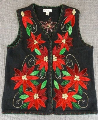 KIM ROGERS Womens S Black Sleeveless Cardigan Christmas Beaded Poinsettias - Image 1 of 4