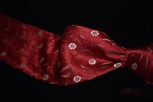 Valentino Made in Italy Thick Woven Ruby Red Satin White Floral Spray Silk Tie