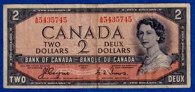 CANADA $2 1954 BC-30a / P-67a  QE II Circulated DEVIL'S FACE 👿 A/B 5435745 - Image 1 of 3