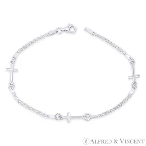 Latin Cross & 2mm Bismark Link Chain Italy Charm Bracelet in 925 Sterling Silver - Picture 1 of 1