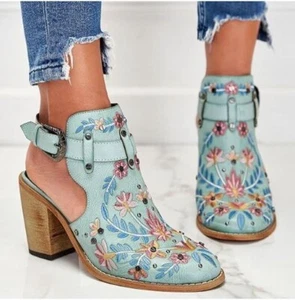 Western Ankle Boots Embroidered Slingback Chunky Heels NWOB Womens Size 10 - Picture 1 of 8