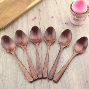 7. 3 in Small Wooden Soup Spoon Mixing Stirring Tasting 6 Pc Brown Wooden Kit - Picture 1 of 6