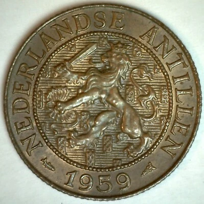 1959 Netherlands Antilles 2 1/2 Cent Bronze Coin Uncirculated Juliana Ruler Lion - Image 1 of 2