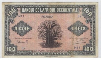French West Africa -  100 Francs ND (1942) - VF-Fancy SN +Gift! FWBE2 - Image 1 of 3