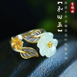 White Hetian Jade Flower Ring Crystal Zircon Natural Chalcedony 925 Silver - Picture 1 of 6