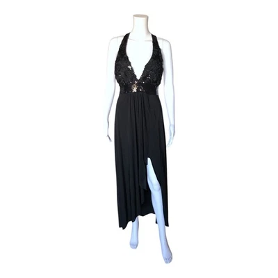 Carolina USA Black Sequin Halter Gown Large Plunge V Neck Asymmetric Hem Dress - Image 1 of 4