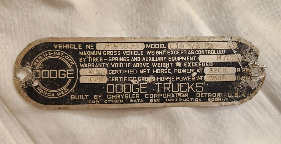 1954 Dodge питания универсал грузовик табличка с данными ярлык заводской штамп оригинал - Изображение 1 из 4