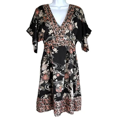 H&M Womens Boho Floral Kimono Sleeve Empire Waist Dress Black Size 10 Date Indie - Image 1 of 4