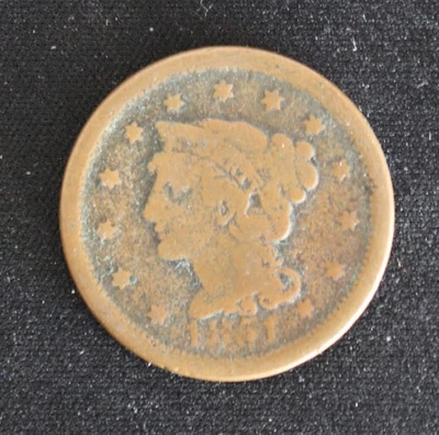 1851 Philadelphia cabelo trançado de cobre perfeito centavo grande - Imagem 1 de 2