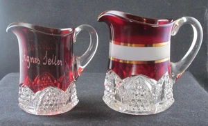 WORLDS FAIR 1904 SOUVENIR RUBY STAINED GLASS PAIR BUTTON ARCHES CREAMERS EAPG - Picture 1 of 5