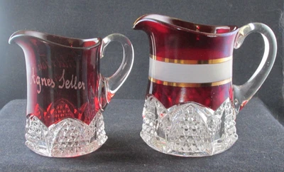 WORLDS FAIR 1904 SOUVENIR RUBY STAINED GLASS PAIR BUTTON ARCHES CREAMERS EAPG - Image 1 of 4