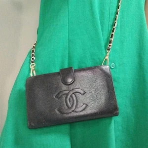 Chanel Black Caviar Leather Long Wallet Crossbody Chain Strap Iconic Elegant - Picture 1 of 20