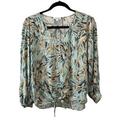 Westbound Green Teal Striped Boho Floral Leaves Long Sleeve Tie Waist Top Size M - Image 1 of 4