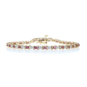 Yellow Gold Ruby Diamond Link Bracelet 7" 6 3/4" 10k Round 1.33ctw Tennis - Picture 1 of 11