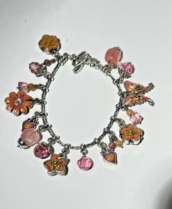 Brighton Cote D' Azure PINK Enamel Butterfly & Flowers Charm Toggle Bracelet - Picture 1 of 9