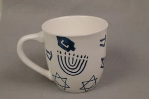 Frank Richman At Home Jewish Hebrew Hanukkah Chanukah Mug Cup Ivory & Blue New - Picture 1 of 6