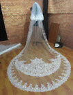 Long Cathedral Wedding Bridal Veil With Comb White Ivory Full Lace Edge Applique