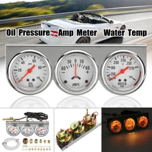 Universal 2'' Chrome Volt Water Oil Pressure Triple 3 Gauge Set Gauges Kit - Picture 1 of 15