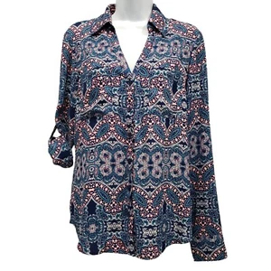 Express Portofino Shirt Paisley Blue Pink Button Up Roll Tab Office Womens Size - Picture 1 of 11