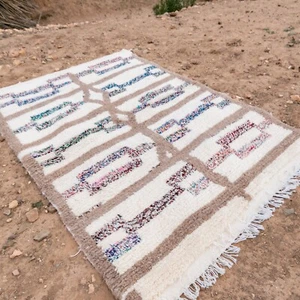 Colordul Moroccan Rug Custom Size Berber Boho Handmade Azilal Beige Wool Carpet - Picture 1 of 9