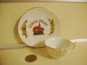 Vintage Miniature CEDAR POINT Souvenir Cup & Saucer Speckled Logo Scene! - Bild 1 von 4
