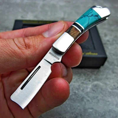Rough Rider Turquoise and Brown Wood Handles Mini Razor Blade Folding Knife NEW - Image 1 of 4