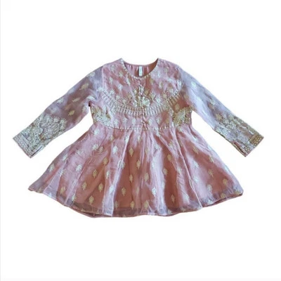 Women's Powder Coral Organza Gold Embroidery Yok Flare And Sleeves Peplum Top - Image 1 of 4