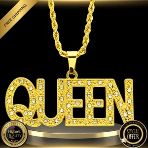 Ciondolo Lusso Diamante Ghiacciato Zircone Tono Oro 14k "Regina" + Collana Catena Corda 24" - Foto 1 di 12